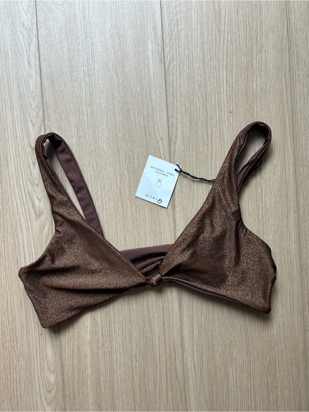 NWT SKATIE Brown Shimmer Knot Front Bikini Top XL